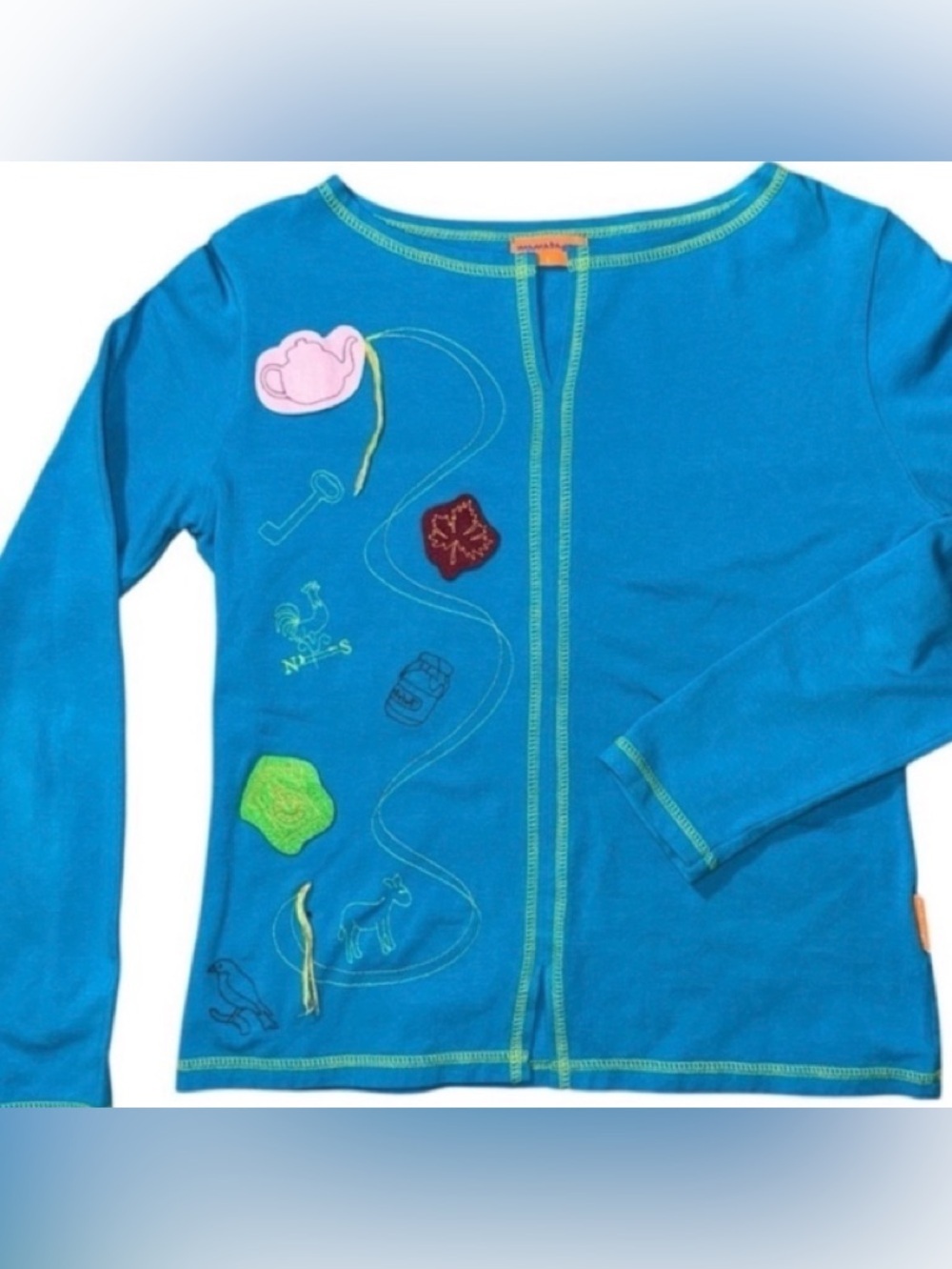 Mamabayou Girls Size Large Aqua Long Sleeve Tunic with patches and embro…